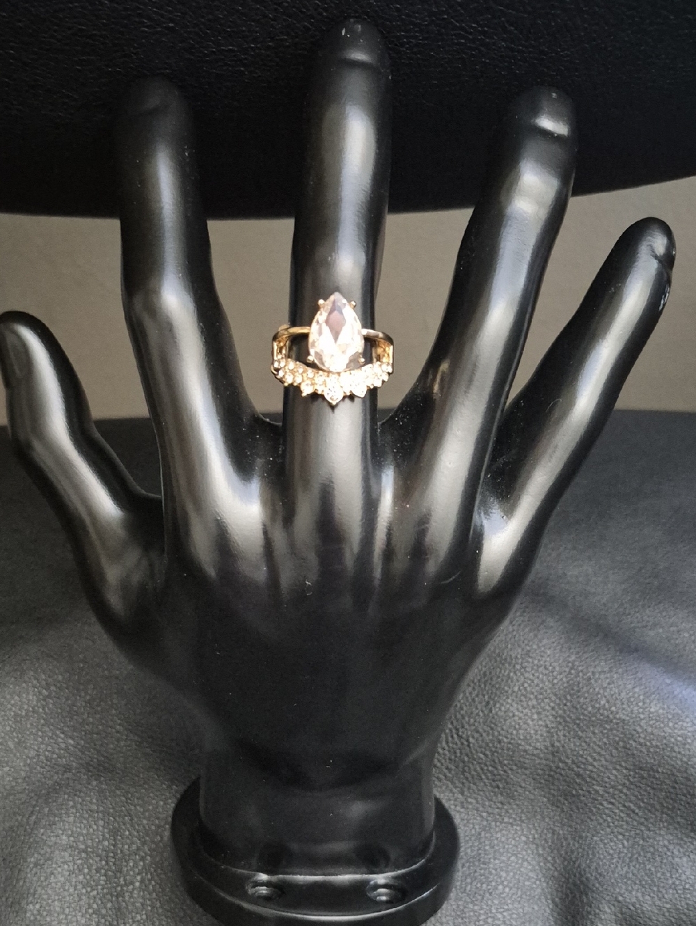 Gold-Tone Teardrop Clear Stone Ring with Crystal Accent